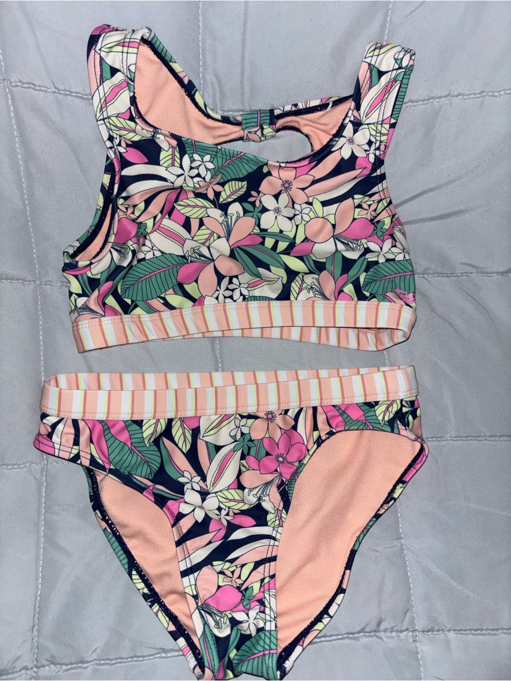 Roxy Girls Floral Two-Piece Swim Set — Pink, Green & Navy